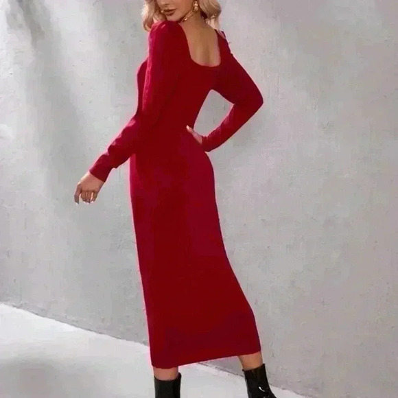 NWT Modely Puff Sleeve Knit Dress Without Belt Burgundy L-XL - Picture 3 of 5